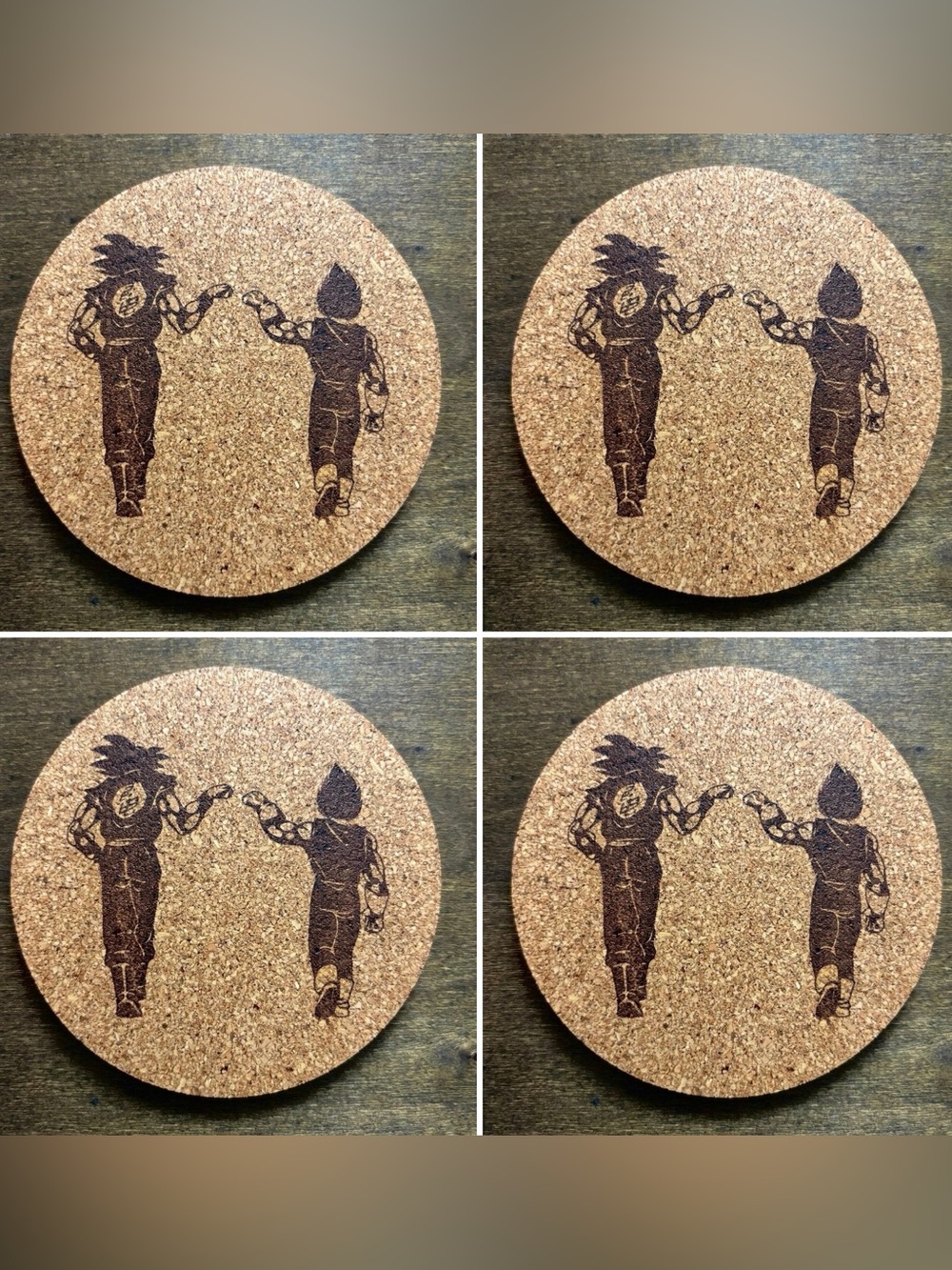 Dragon Ball Z Goku Vegeta Fist Bump Laser Engraved Cork Coasters Lot of 4